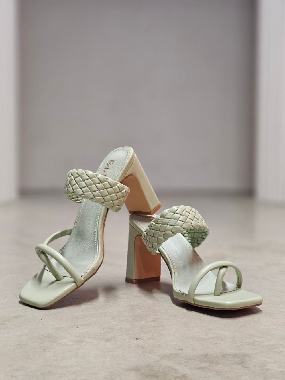 Woven Strap Block Heel Sandals Sage Green Square Toe Slip-On Design Womens Footw